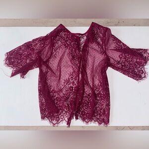 Y2K Sheer Lace Top Berry Pink Coquette 3/4 Sleeve Size S Mesh
